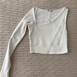 Zara Asymmetric One-Shoulder Long Sleeve Crop Top - Cream